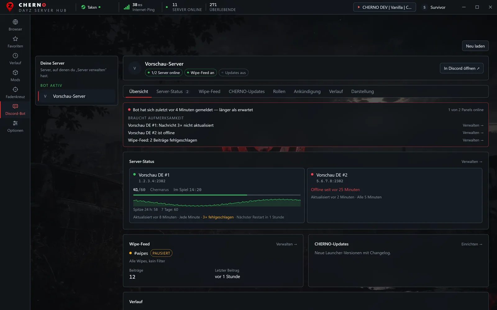 Overview with health strip, attention list and the player curve of each server