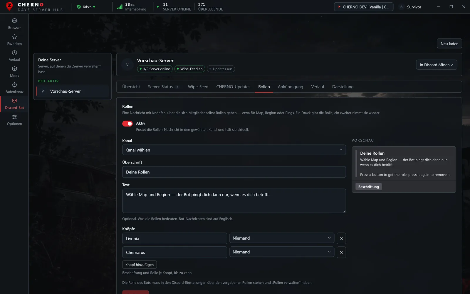 The role message: buttons, roles and preview